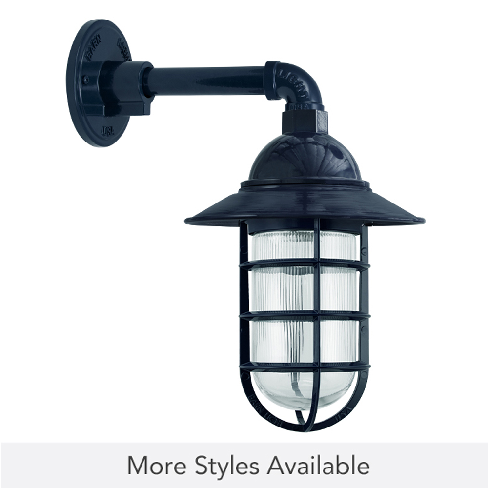 Industrial Guard Sconce, 705-Navy, Flared Shade, CGG-Standard Cast Guard, RIB-Ribbed Glass