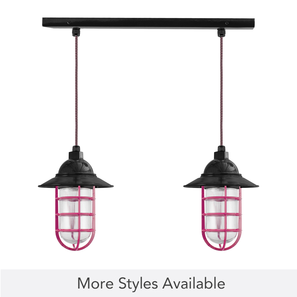 Insider LED 2-Light Chandelier, 100-Black, Flared Shade, CGG-Standard Cast Guard, 490-Magenta, RIB-Ribbed Glass, CSBP-Black & Pink Cloth Cord