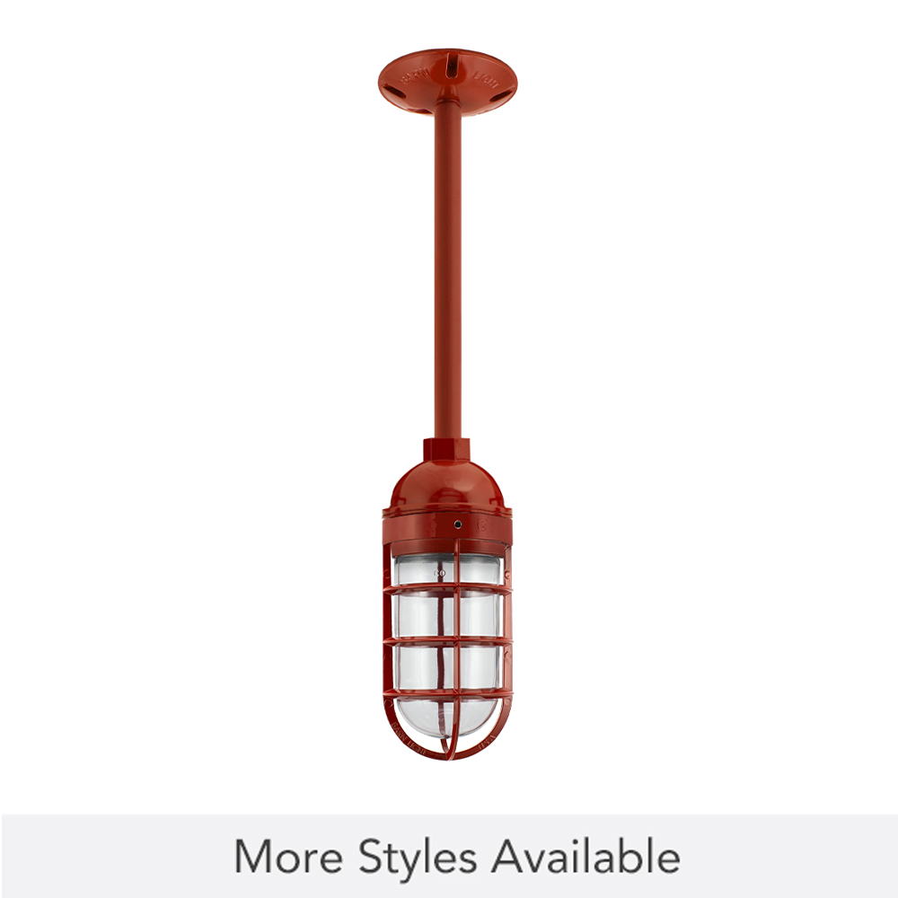 Industrial Guard Stem Mount Pendant Light, 400-Barn Red, Topless Shade, CGG-Standard Cast Guard, CLR-Clear Glass
