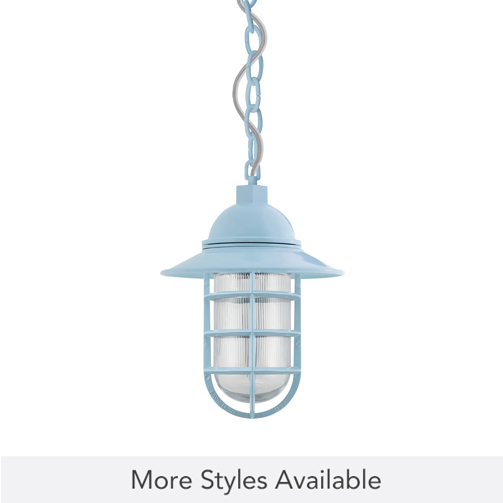 Industrial Guard Chain Hung Pendant, 715-Delphite, Flared Shade, CGG-Standard Cast Guard, RIB-Ribbed Glass, CMG-Grey Cloth Cord