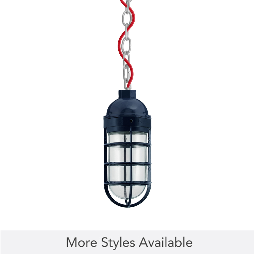 Industrial Guard LED Chain Hung Pendant, 705-Navy, Topless Shade, CGG-Standard Cast Guard, CLR-Clear Glass, Chain in 975-Galvanized, CSR-Red Cloth Cord