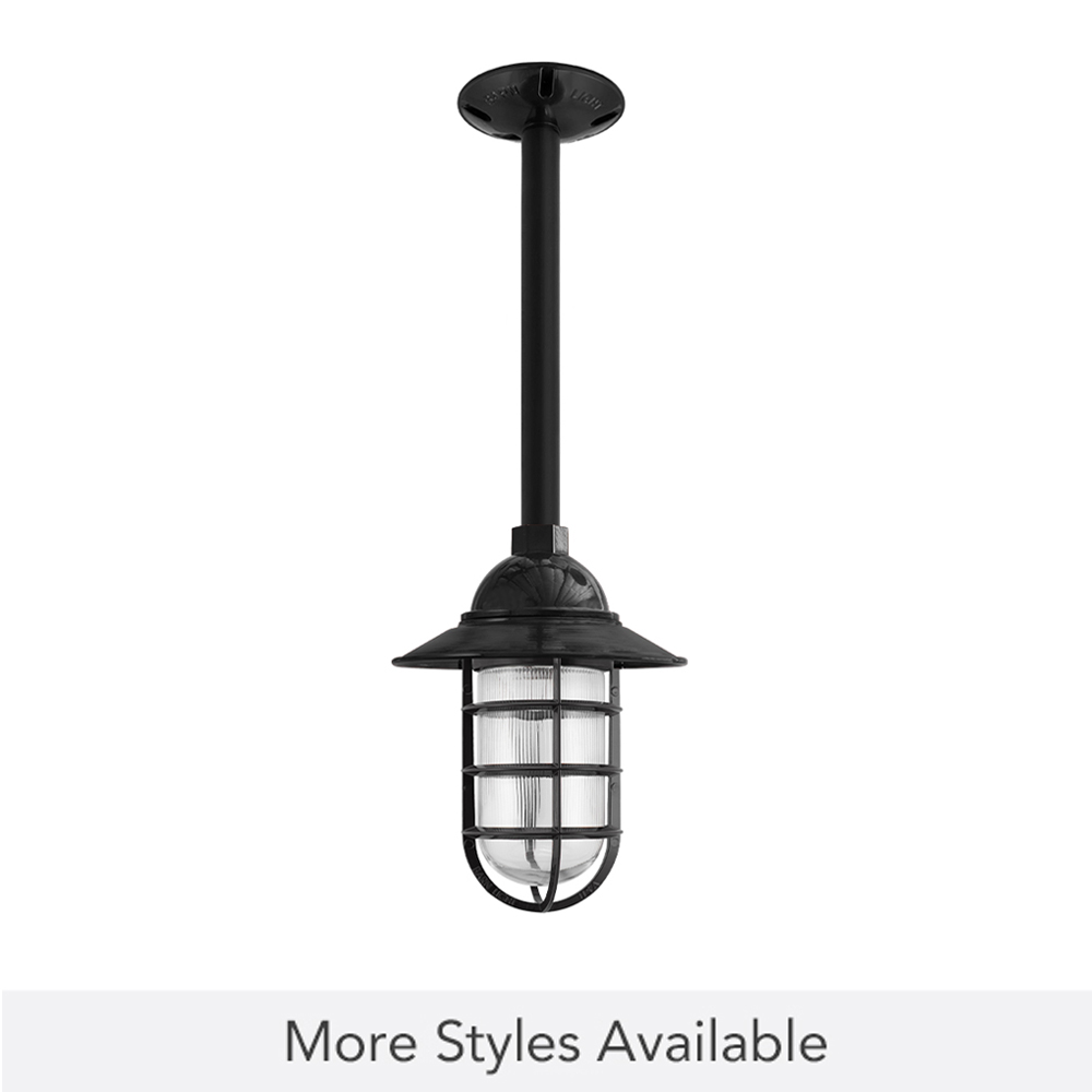 Industrial Guard LED Stem Mount Pendant Light, 100-Black, Flared Shade, CGG-Standard Cast Guard, RIB-Ribbed Glass