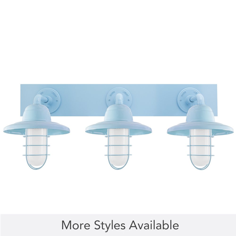 Industrial Guard LED Triple Vanity Light, 715-Delphite, Warehouse Shade, WGG-Wire Guard, FST-Frosted Glass