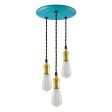 3-Light Raw Brass Chandelier, Canopy in 390-Teal, TBK-Black Cotton Twist Cord, 1890 Era 40W Edison Bulbs