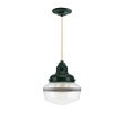 Kao Primary Schoolhouse Pendant Light, 300-Dark Green, Small Clear Glass, Double Painted Band, 100-Black, CSGW-Gold & White Cloth Cord