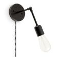 Downtown Minimalist Knuckled Plug-In Sconce, 100-Black, CSBW-Black & White Cloth Cord, Nostalgic Edison-Style 1890 Era 40W Bulb, Adjusted
