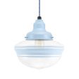 Acorn Pendant, 715-Delphite Blue, Clear Glass, Three Painted Band, CSUW-Blue & White Cloth Cord, Shown with 1890 Edison Bulb