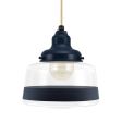 Drum Pendant, 705-Navy, Clear Glass, Single Painted Band, 705-Navy, CSGW-Gold & White Cloth Cord, Shown with G30 Bulb