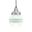 Round Schoolhouse Pendant, 975-Galvanized, Clear Glass, Two Painted Band, 311-Jadite, CSB-Black Cloth Cord, Shown with G40 Bulb