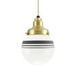 Round Schoolhouse Pendant, 997-Natural Raw Brass, Opaque Glass, Three Painted Band, 100-Black, CSGW-Gold & White Cloth Cord