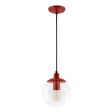 8" Glass Ball Pendant, Clear Glass, 400-Barn Red, SBK-Standard Black Cord, 40W 1910 Edison Bulb