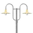 14" Seaside LED, 997-Natural Raw Brass, Decorative Double Post Mount, 975-Galvanized, Fluted Direct Burial Pole, 975-Galvanized, CGG-Standard Cast Guard, 975-Galvanized, CCR-Clear Crackle Glass