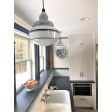 Primary Schoolhouse Pendant Lights, 975-Galvanized, Small Opaque Glass, Triple Painted Band in 700-Royal Blue, CSB-Black Cloth Cord | Photo Courtesy of Customer