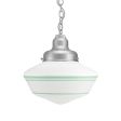 Primary Schoolhouse Chain Hung Pendant, 975-Galvanized, Large Opaque Glass, Triple Painted Band, 311-Jadite, CMG-Grey Cloth Cord