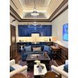 14" Outback LED Chain Hung, 700-Royal Blue, Cotton Black Cord & Chain, Guard, 975-Galvanized, Clear Glass | Photo Courtesy of Linda Ashley Interiors