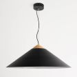 32" Isos Cone Studio Pendant Light, 100-Black, Optional Wood Top, Maple Wood, Standard Black Cord