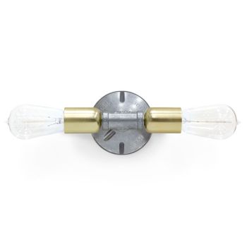 Downtown Minimalist Double Sconce, Mounting in 975-Galvanized, Cups in 997-Natural Raw Brass, Nostalgic Edison-Style 1890 Era 40W Bulb