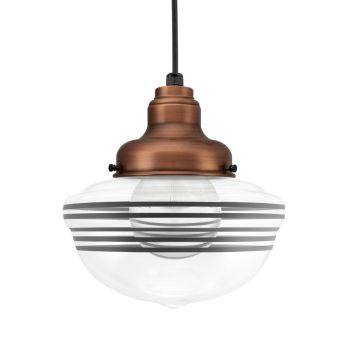 Acorn Pendant, 996-Natural Weathered Copper, Clear Glass, Five Painted Band, 100-Black, CSB-Black Cloth Cord, Decorative Hex Cover, Shown with G40 Half-Chrome Bulb