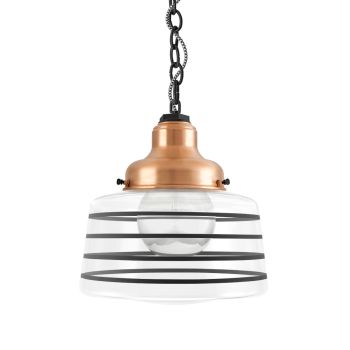 Drum Chain Hung, 995-Natural Raw Copper, Clear Glass, Four Painted Band, 100-Black, Mounting in 100-Black, CSBW-Black & White Cloth Cord, Show with G40 Half-Chrome Bulb