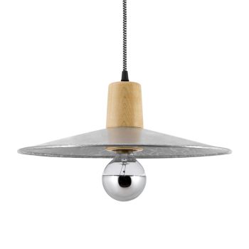 15" Shade in 975-Galvanized, Maple Wood, CSBW-Black & White Cloth Cord (Shown with G25 Half-Chrome Bulb)