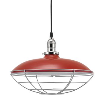 14" Sinclair Industrial Pendant, 400-Barn Red, Wire Cage, 975-Galvanized, Nickel Socket with No Switch, CSB-Black Cloth Cord