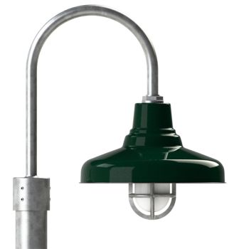 14" Union LED, 300-Dark Green, Single Post Mount, 975-Galvanized, Smooth Direct Burial Pole, 975-Galvanized, TGG-Heavy Duty Cast Guard, 975-Galvanized, FST-Frosted Glass