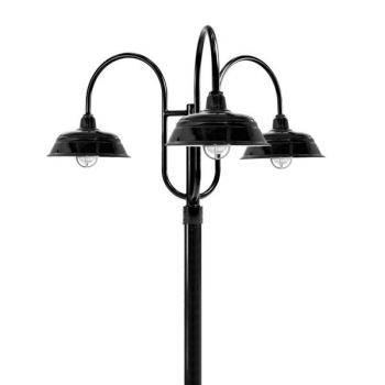 15" Bomber LED, M103-Marine Grade Black, 3-Light Post Mount, Smooth Direct Burial Pole, CGG-Standard Cast Guard, 975-Galvanized, RIB-Ribbed Glass