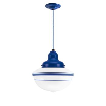 Kao Acorn Schoolhouse Pendant, 700-Royal Blue, Opaque Glass, Three Painted Band, CSUW-Blue & White Cloth Cord
