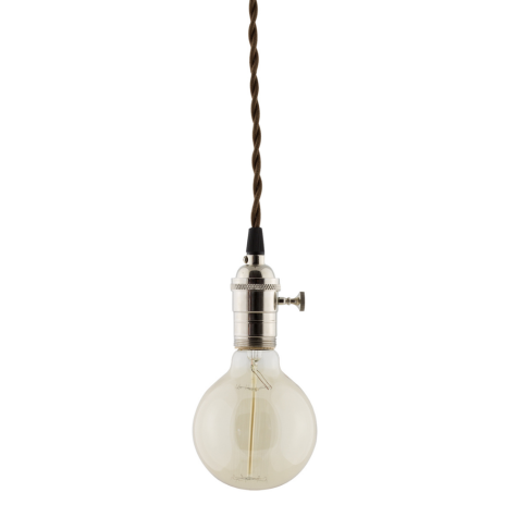Indy Industrial Pendant, Nickel Socket, Turn Key, Brown Cotton Twist Cord, Nostalgic Edison 40 Watt G30 Light Bulb (Not Included) | Turn Key