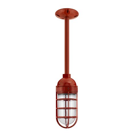 Industrial Guard Stem Mount Pendant Light, 400-Barn Red, Topless Shade, CGG-Standard Cast Guard, CLR-Clear Glass