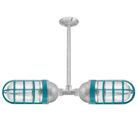 Industrial Loft Double Pendant, 975-Galvanized, CGG-Standard Cast Guard, 390-Teal, RIB-Ribbed Glass
