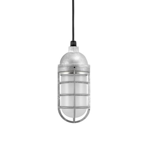 Industrial Guard Pendant Light, 975-Galvanized, Topless Shade, TGG-Heavy Duty Cast Guard, FST-Frosted Glass, CSB-Black Cloth Cord