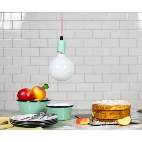 Downtown Minimalist Cord Pendant, 311-Jadite PTMP, CRZ-Red Chevron Cord | White G40 Light Bulb | Shown with Enamelware Bowls and Plates in 355-Jadite
