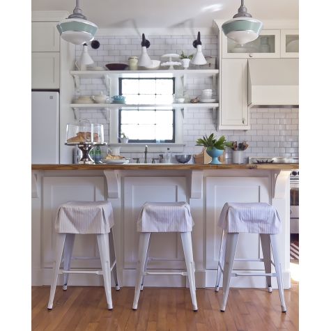 (2) Primary Schoolhouse Stem Mount Lights, 975-Galvanized, Large Opaque Glass, Single Painted Band, 311-Jadite (Also Shown: (3) Frontier Angle Sign Lights) | Photo Courtesy of Jennifer Lee Kessler (www.jenniferkesslerphotography.com)