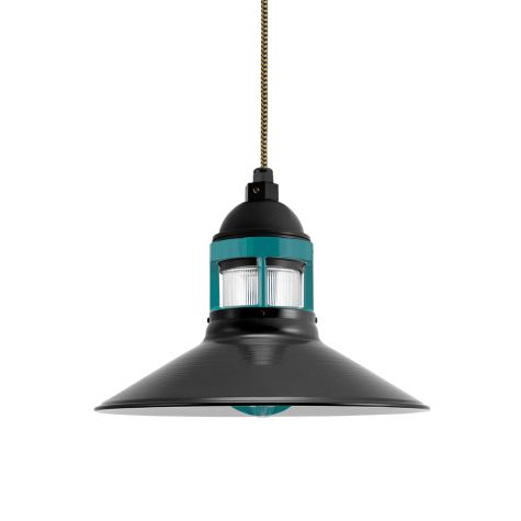 14" Wallaby, 100-Black, Guard in 390-Teal, RIB-Ribbed Glass, CSBG-Black & Gold Cloth Cord