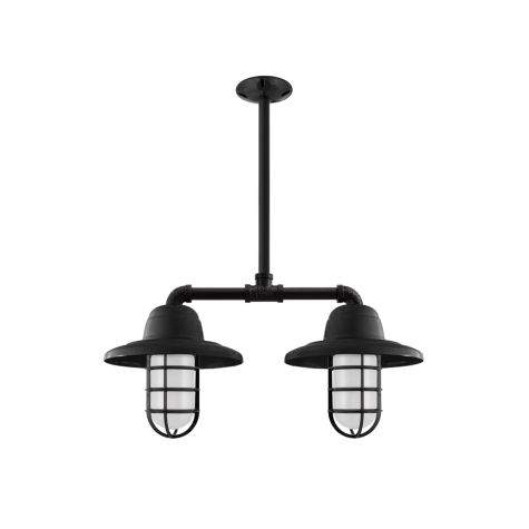 Merger LED 2-Light Chandelier, 100-Black, Warehouse Shade, CGG-Standard Cast Guard, FST-Frosted Glass