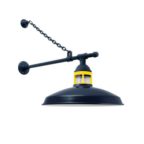 16" Brisbane LED, 705-Navy, Guard in 500-Buttery Yellow, RIB-Ribbed Glass, G65 Gooseneck Arm