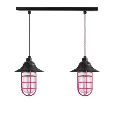 Insider LED 2-Light Chandelier, 100-Black, Flared Shade, CGG-Standard Cast Guard, 490-Magenta, RIB-Ribbed Glass, CSBP-Black & Pink Cloth Cord
