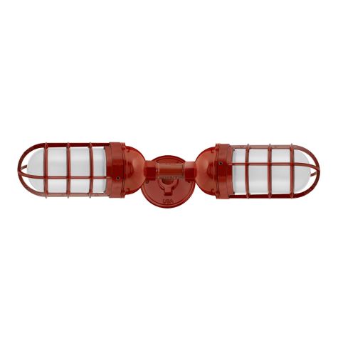 Atomic Topless Double Industrial Guard Sconce, 400-Barn Red, CGG-Standard Cast Guard, FST-Frosted Glass