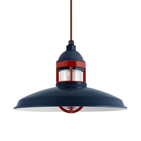 14" Brisbane LED, 705-Navy, Guard in 400-Barn Red, RIB-Ribbed Glass, Barn Red & Black Swirl Cloth Cord