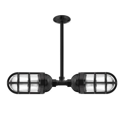 Industrial Loft LED Double Pendant, 100-Black, TGG-Heavy Duty Cast Guard, RIB-Ribbed Glass