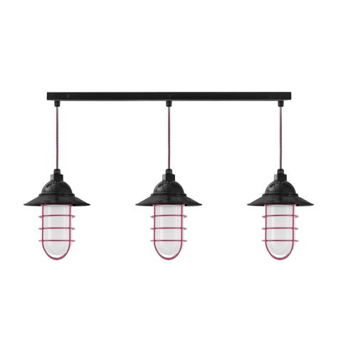 Enterprise LED 3-Light Chandelier, 100-Black, Flared Shade, 100-Black, WGG-Wire Guard, 490-Magenta, FST-Frosted Glass, CSBP-Black & Pink Cloth Cord