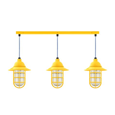 Enterprise LED 3-Light Chandelier, 500-Buttery Yellow, Flared Shade, CGG-Standard Cast Guard, RIB-Ribbed Glass, CSUW-Blue & White Cloth Cord