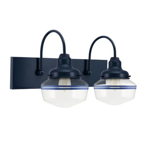 Primary 2-Light Schoolhouse Vanity Light, Clear Glass, 705-Navy Mounting and Fitter Finish, Double Painted Band in 700-Royal Blue