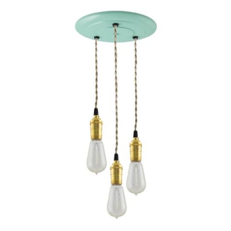 3-Light Raw Brass Chandelier, Canopy in 311-Jadite, TPT-Putty Cotton Twist Cord, 1890 Era 40W Edison Bulbs