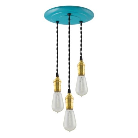 3-Light Raw Brass Chandelier, Canopy in 390-Teal, TBK-Black Cotton Twist Cord, 1890 Era 40W Edison Bulbs