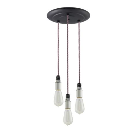 3-Light Indy Porcelain Socket Chandelier, Black Canopy, CSBP-Black & Pink Cloth Cord, 1890 Era 40w Edison Bulbs