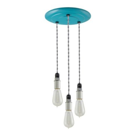 3-Light Indy Porcelain Socket Chandelier, Teal Canopy, TBW-Black & White Cotton Twist Cord, 1890 Era 40w Edison Bulbs