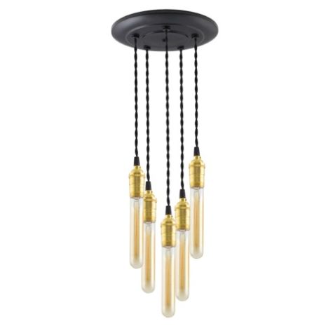 5-Light Raw Brass Chandelier, Canopy in 100-Black, TBK-Black Cotton Twist Cord, 30W Hairpin Edison Bulbs