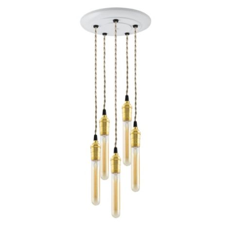 5-Light Raw Brass Chandelier, Canopy in 200-White, TPT-Putty Cotton Twist Cord, 30W Hairpin Edison Bulbs